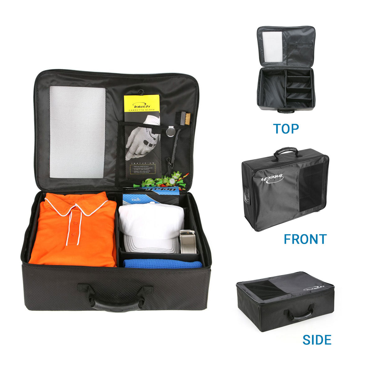 left, an Intech Single Row Golf Trunk Organizer with golf apparel and acccesories inside, to the right shows the top, front and side views