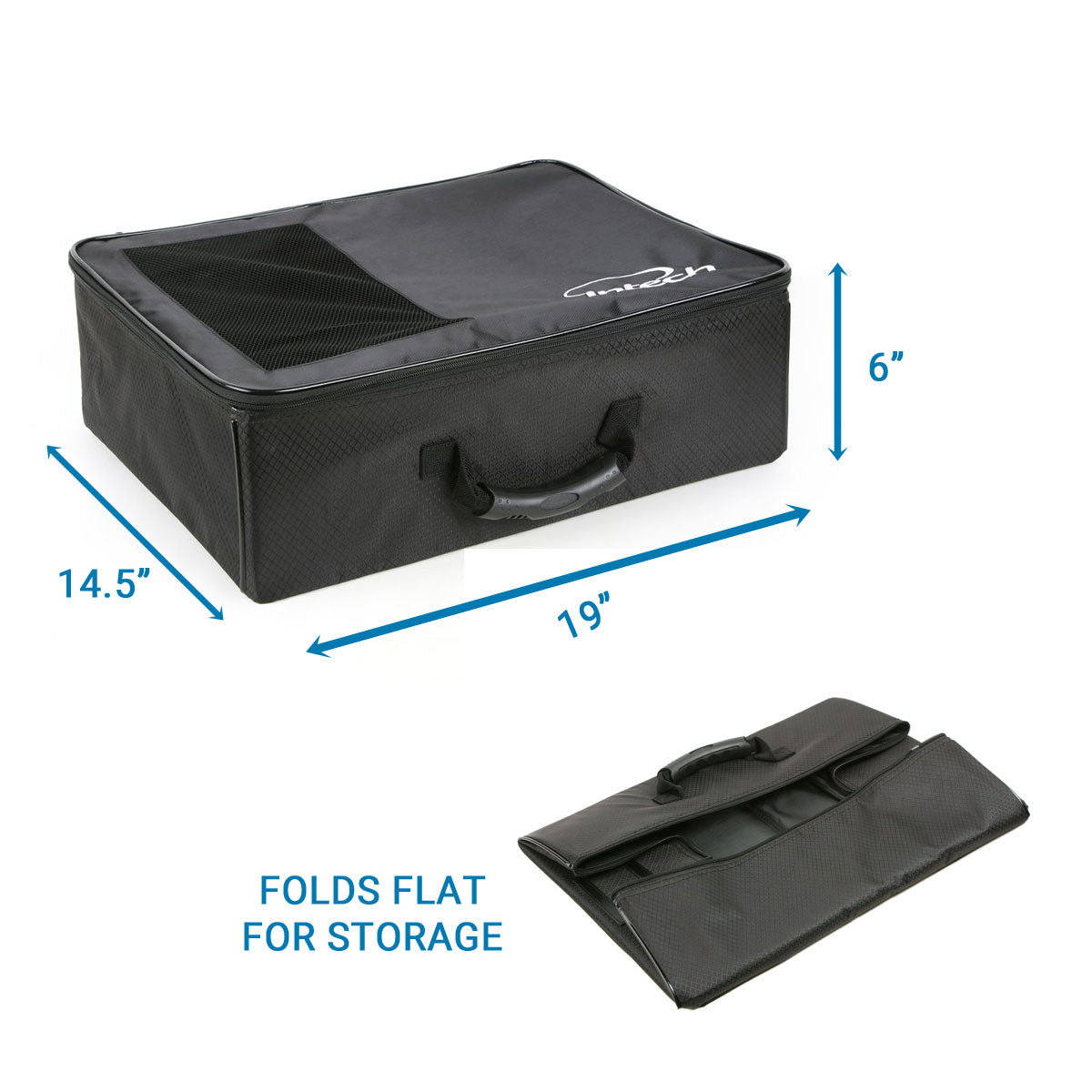 top left is the dimensions of the Intech Single Row Golf Trunk Organizer, bottom right shows the same item folded flat for storage