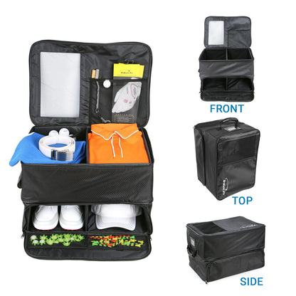left, many golf apparel and accessories inside an Intech Double Row Golf Trunk Organizer, on right are three views of the front, top and side