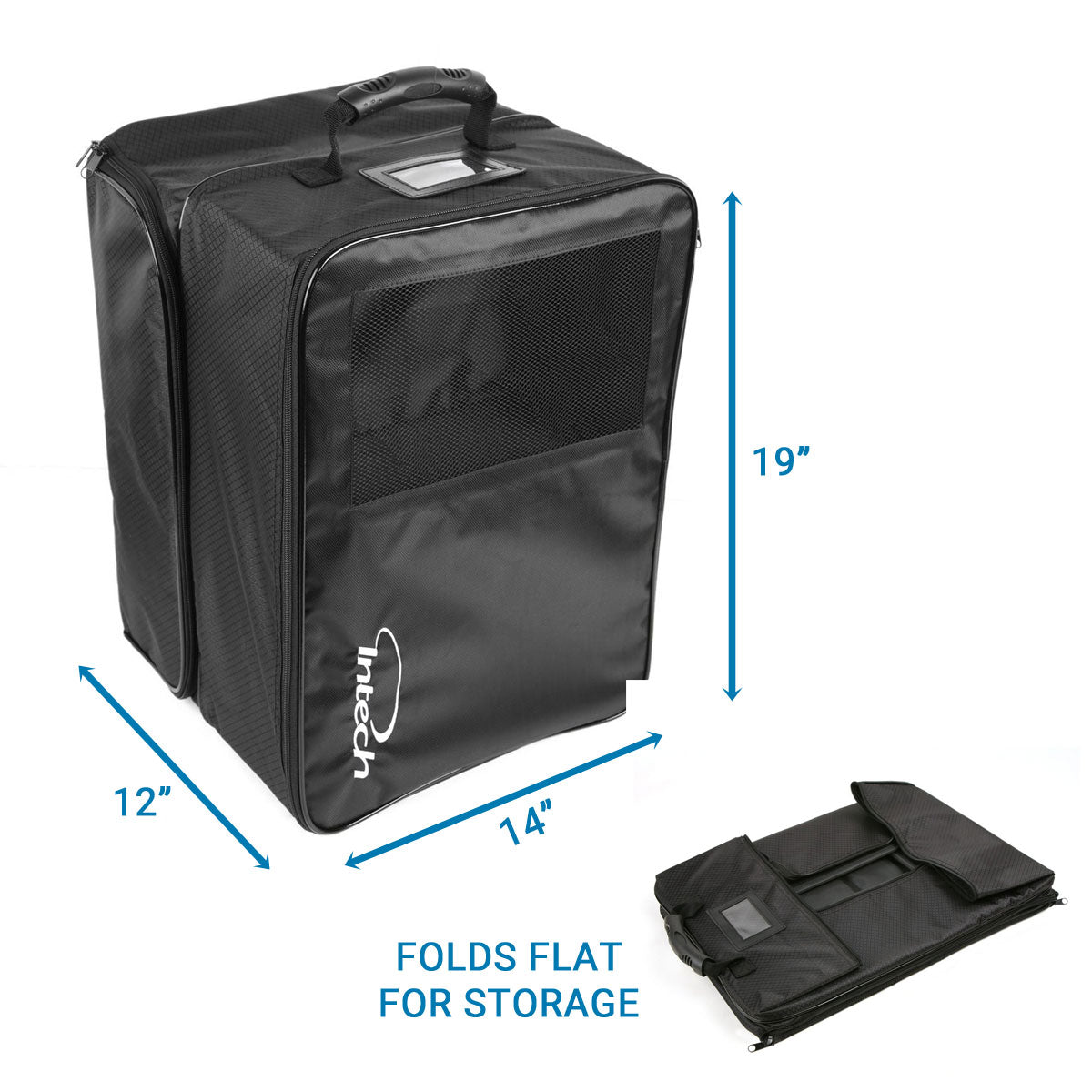 dimensions of the Intech Double Row Golf Trunk Organizer and bottom right what it looks like folded flat for storage