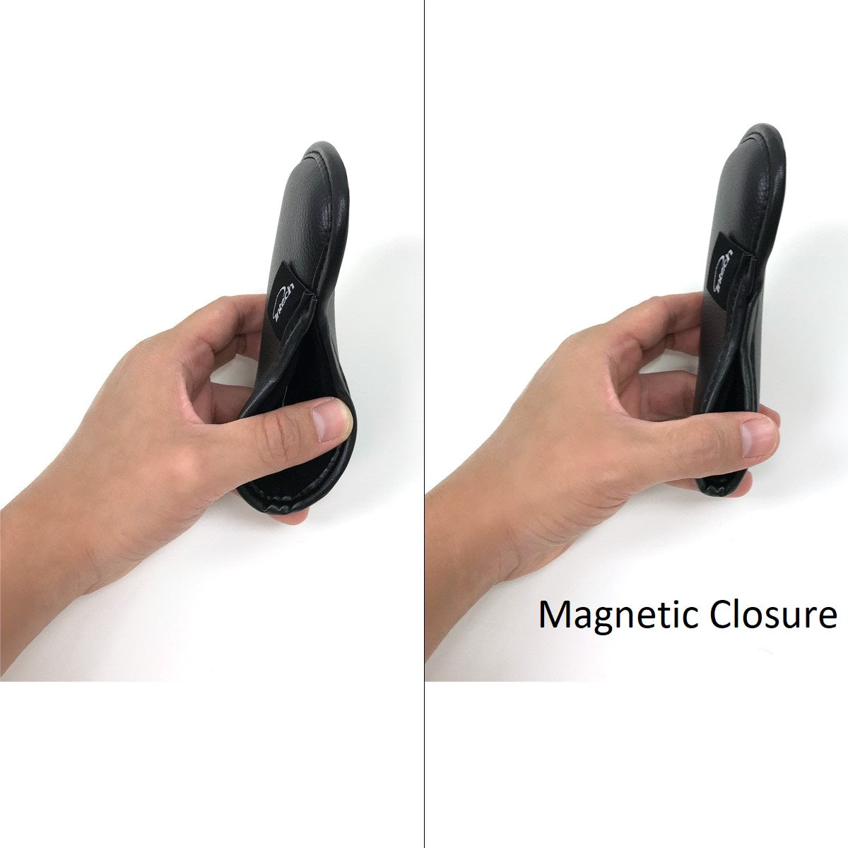 left, person opening a Intech Thick Synthetic Leather Golf Iron Headcover, right, showing same iron headcover closed with magnetic closure