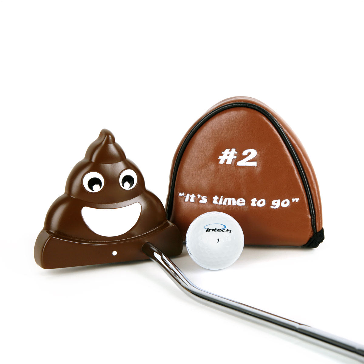 Intech Golf #2 Poop Putter next to golf ball and matching brown putter head cover
