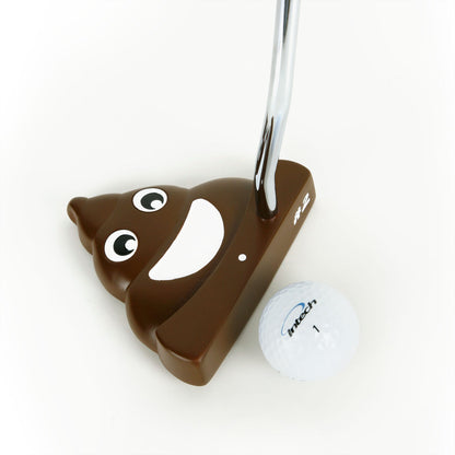 angle top and face view of the Intech Golf #2 Poop Putter with Intech golf ball in front of face