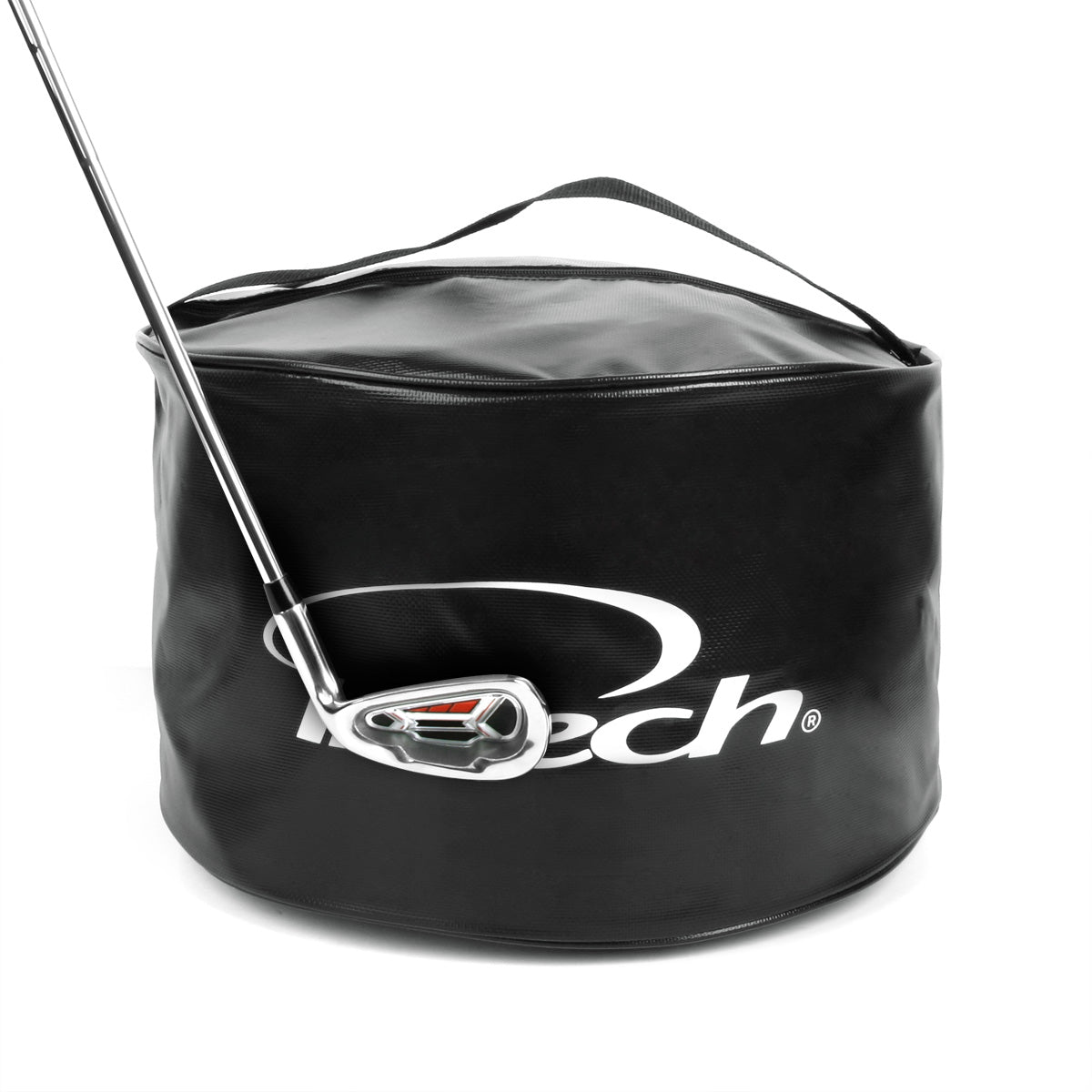 golf iron striking the Intech logo on the side of an Intech Golf Impact Bag