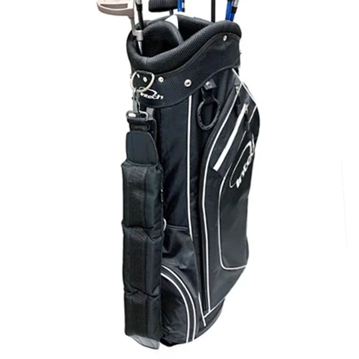 an Intech Single Padded Adjustable Golf Bag Strap on a black golf bag with golf clubs inside