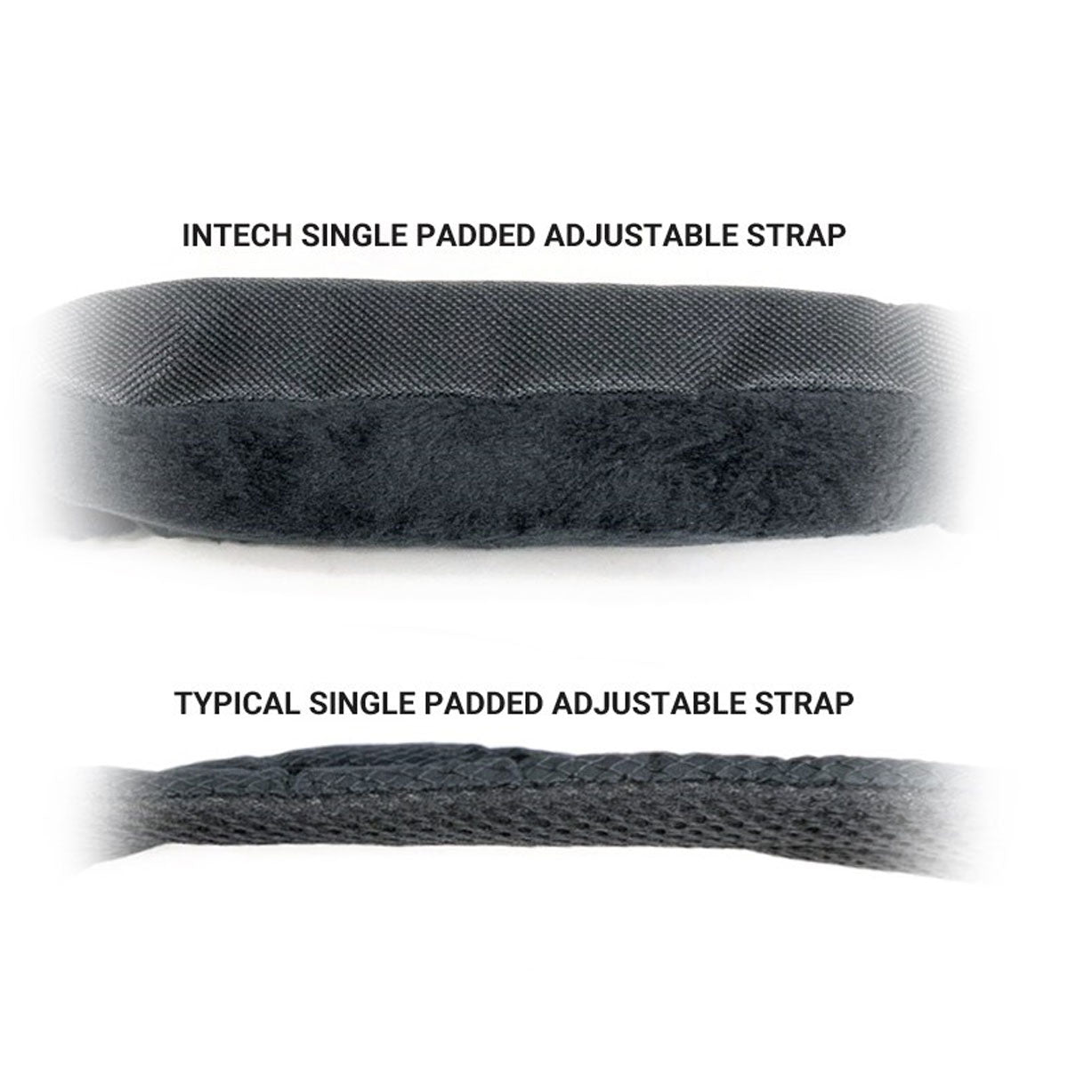 thickness of an Intech Single Padded Adjustable Golf Bag Strap compared to a much thinner typical competitors strap