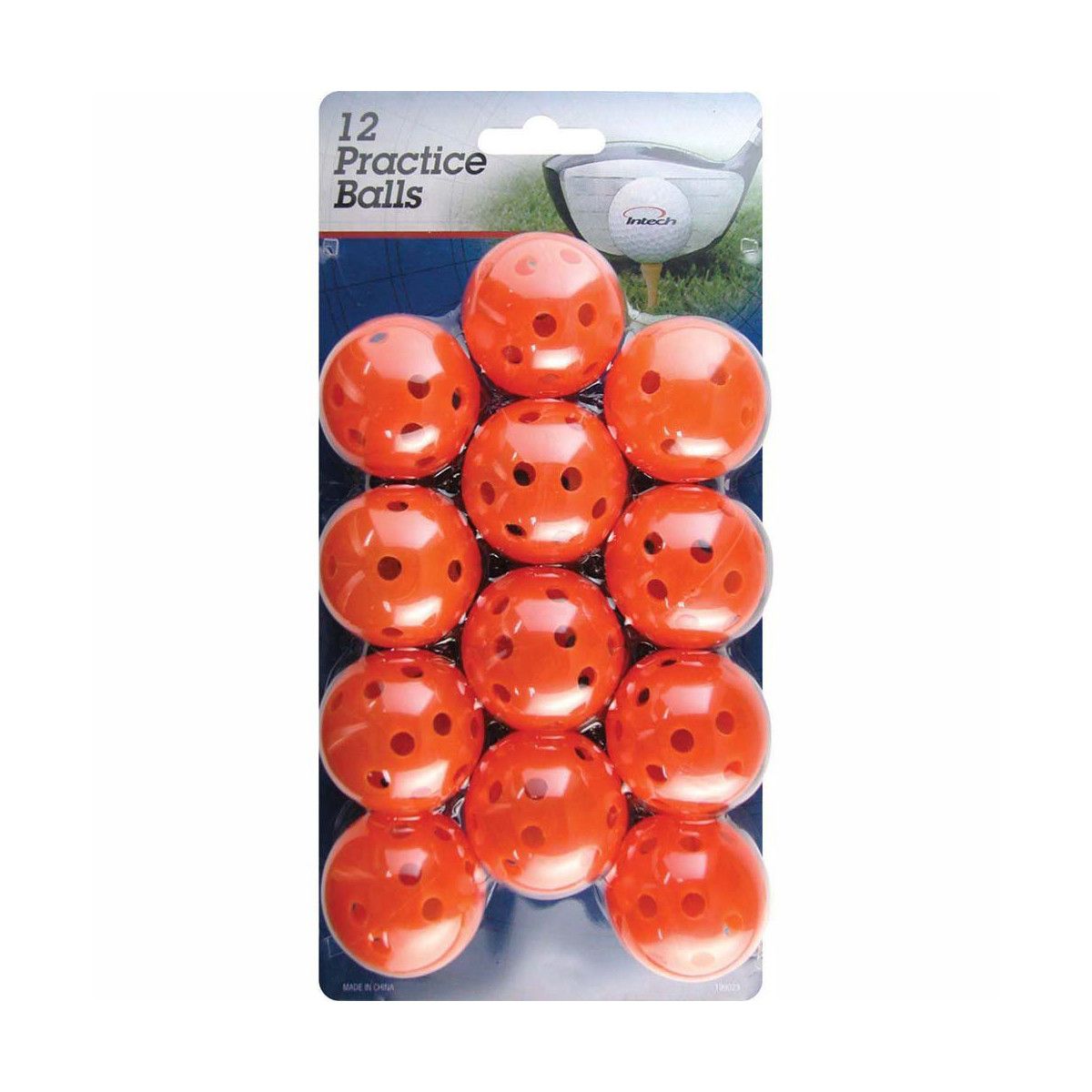 12 orange Intech Practice Golf Balls with Air Holes inside retail packaging