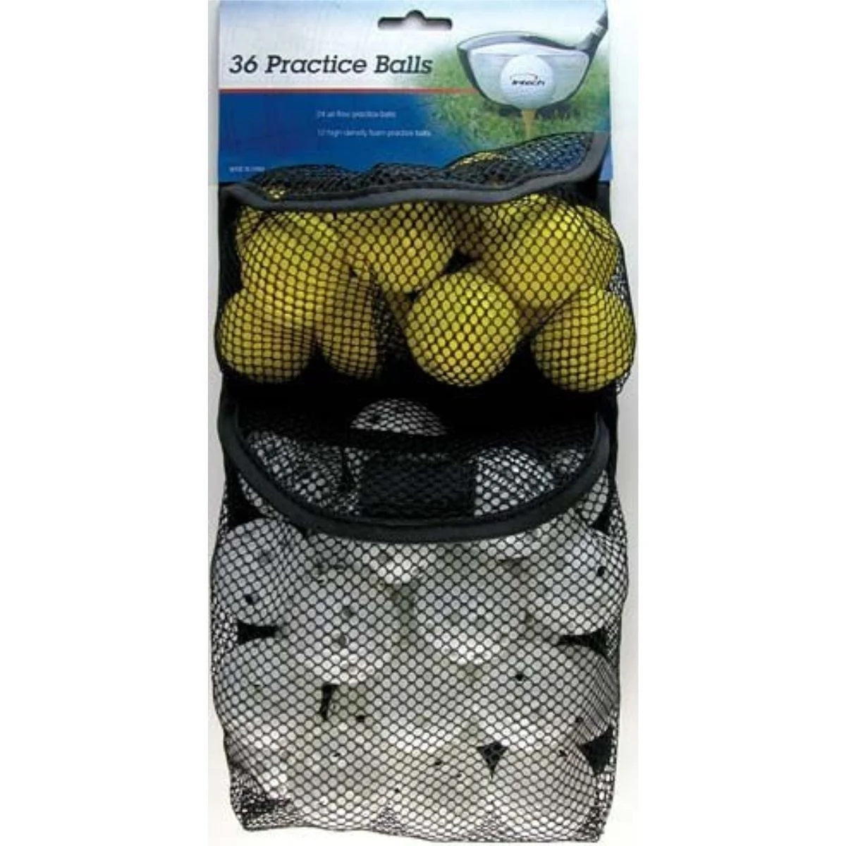 24 white plastic and 12 yellow foam Intech Practice Golf Balls in closeable mesh bag