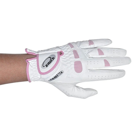 back of an Intech Women's Cabretta Leather Golf Glove on a person's left hand