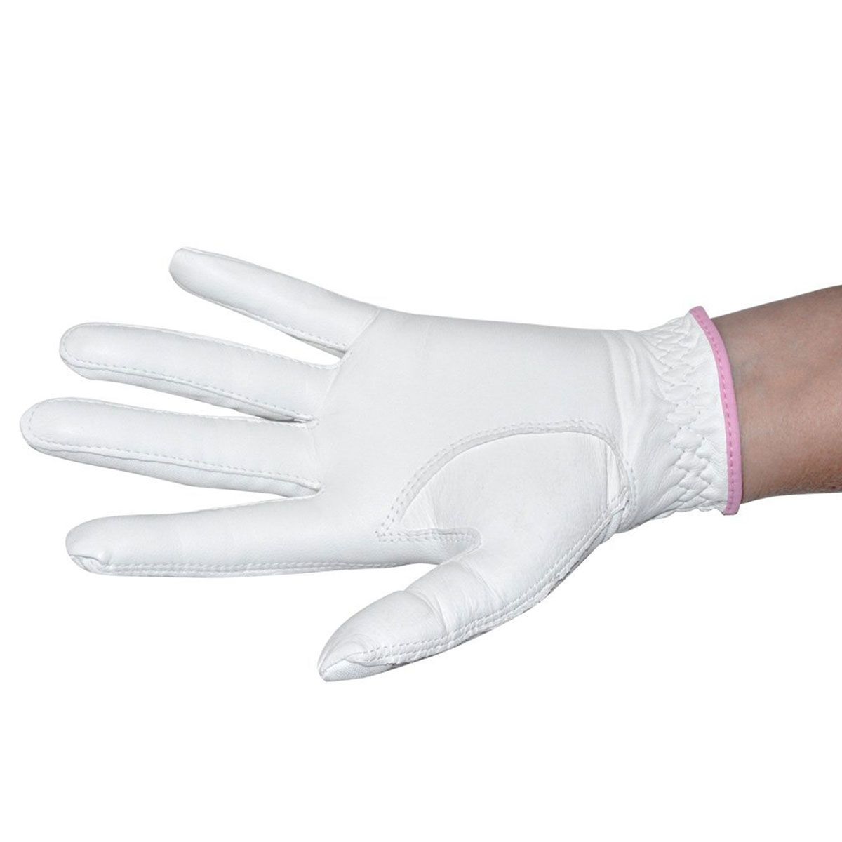 palm view of an Intech Women's Cabretta Leather Golf Glove that a person has on their left hand