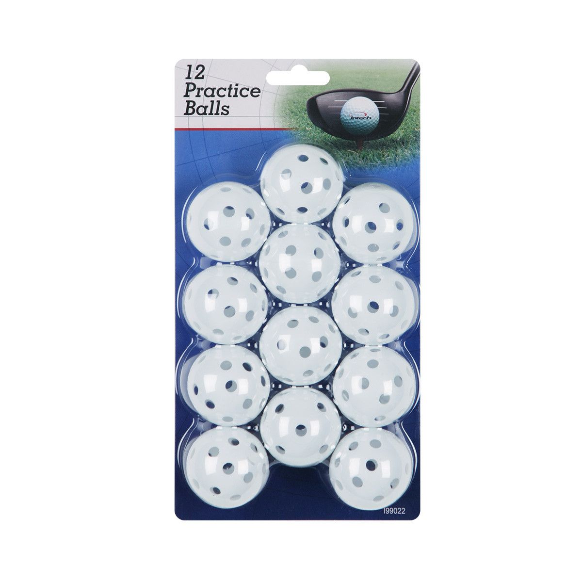 12 white Intech Practice Golf Balls with Air Holes in retail packaging