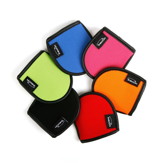 black, lime green, blue, pink, orange and red Intech Squeaky Clean Pocket Golf Ball Washers fanned out in a circle