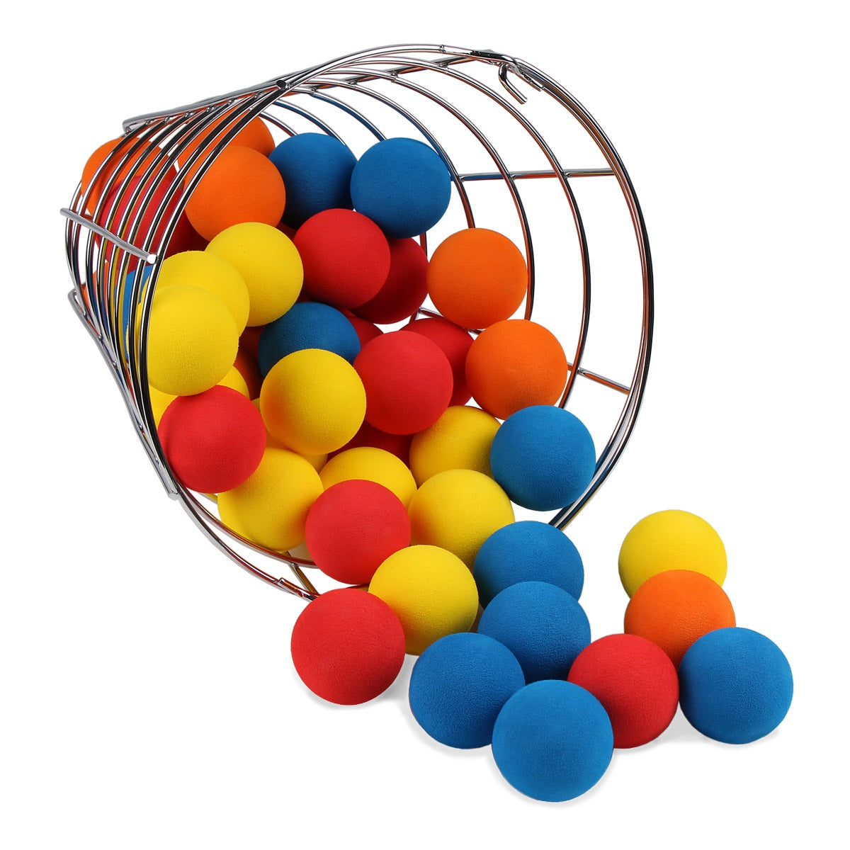 metal range basket laying on side with Intech Multi-Color Foam Golf Balls in and out of the basket