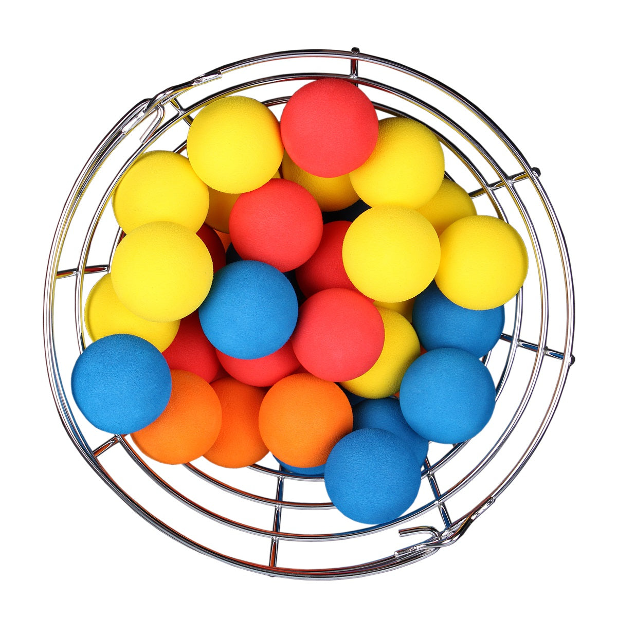 top view of 48 Intech Multi-Color Foam Golf Balls in a metal range basket