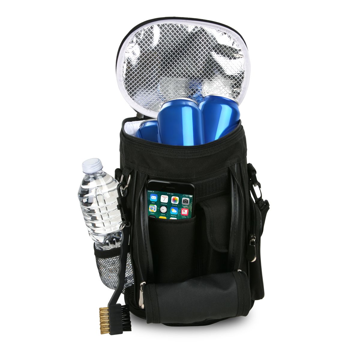 black Intech Golf Bag Cooler and Accessory Caddy with cooler lid open and 3 aluminum cans inside, water bottle in mesh pocket, golf club cleaning brush and smart phone in pocket