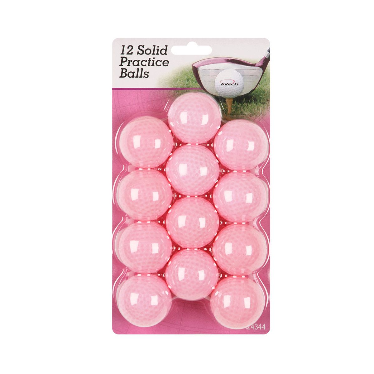 12 pink Intech Hollow, Dimpled Practice Golf Balls inside retail packaging