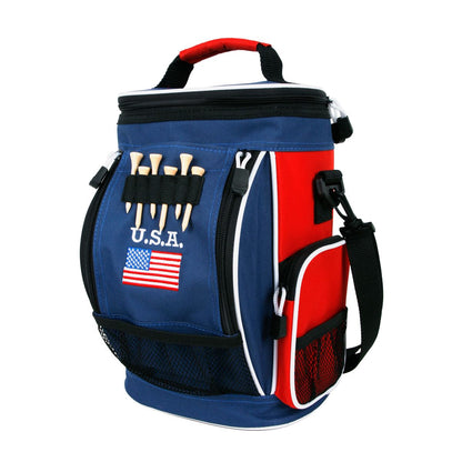 red, white and blue Intech Golf Bag Cooler and Accessory Caddy with 6 golf tees in the tee holder