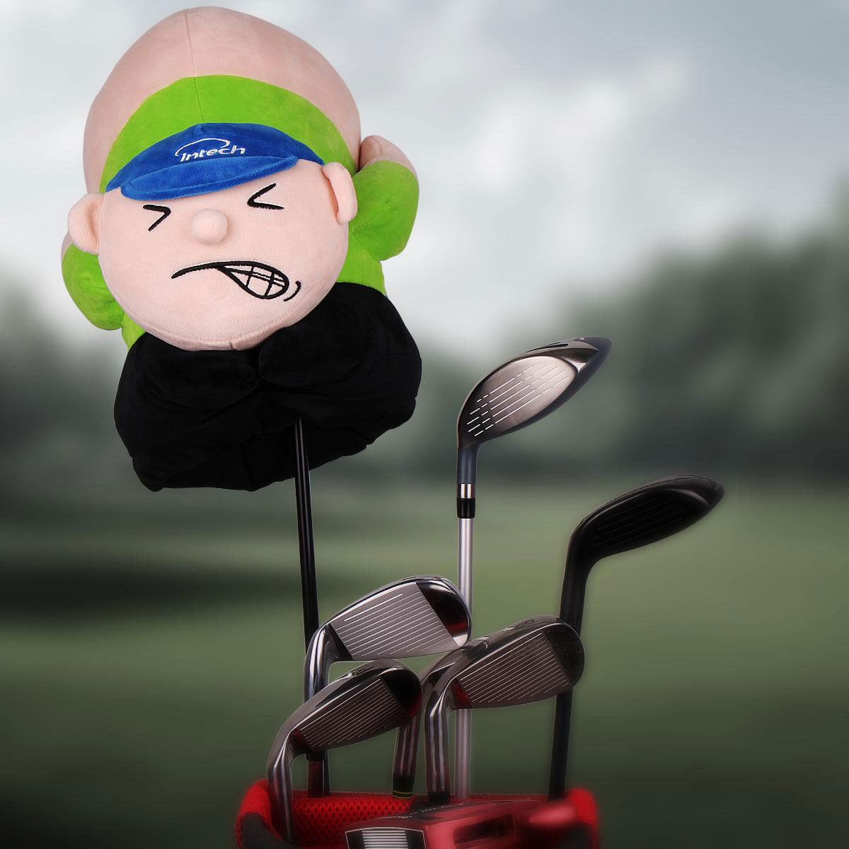 Intech Moonman Farting Driver Headcover on a club in a golf bag