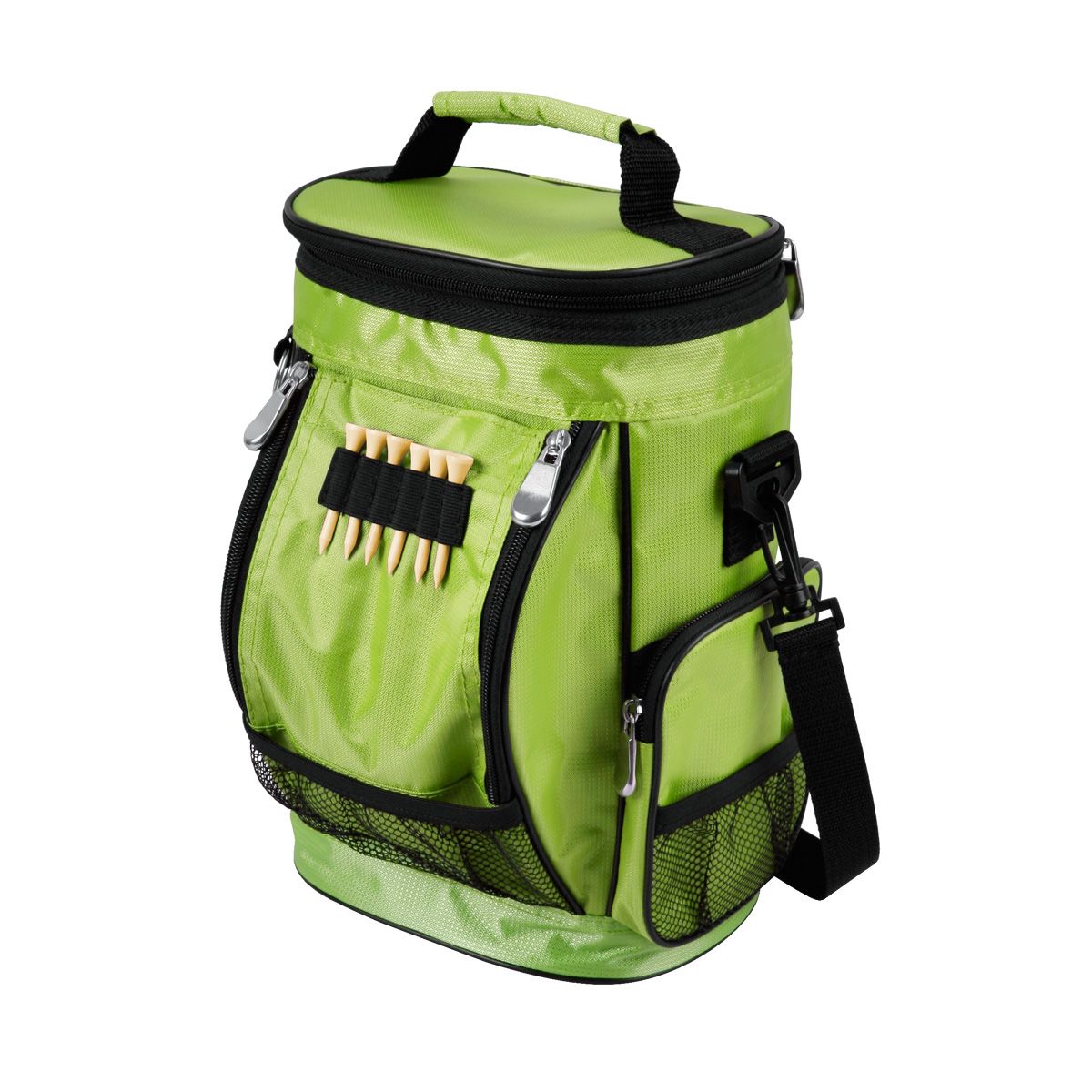 lime green Intech Golf Bag Cooler and Accessory Caddy with 6 golf tees in the tee holder